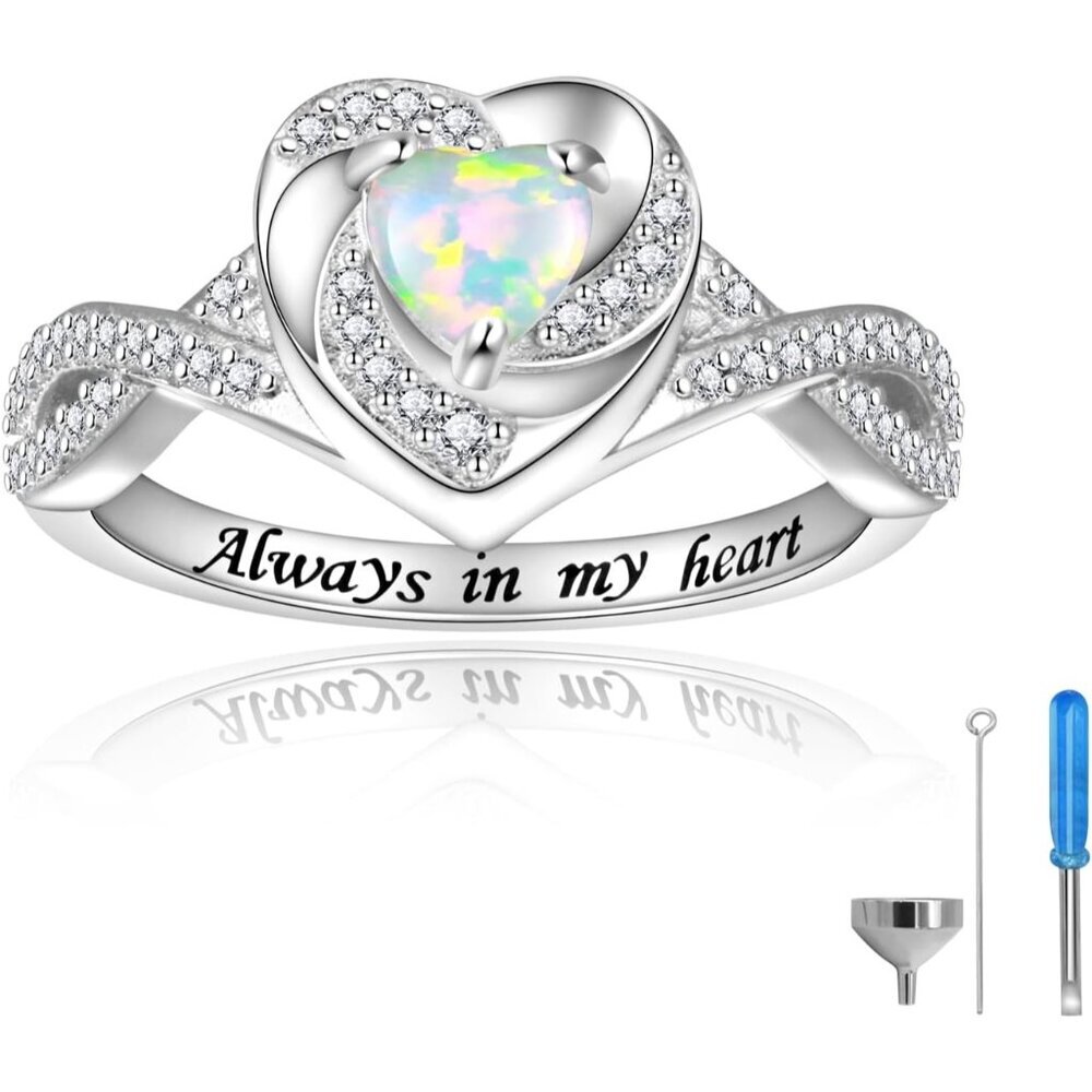 Hearts Heart Cremation Ring For Ashes 925 Sterling Silver Opal Memorial Jewelry